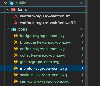 public/icons con los 8 SVGs de SvgRepo antes de generar la fuente
