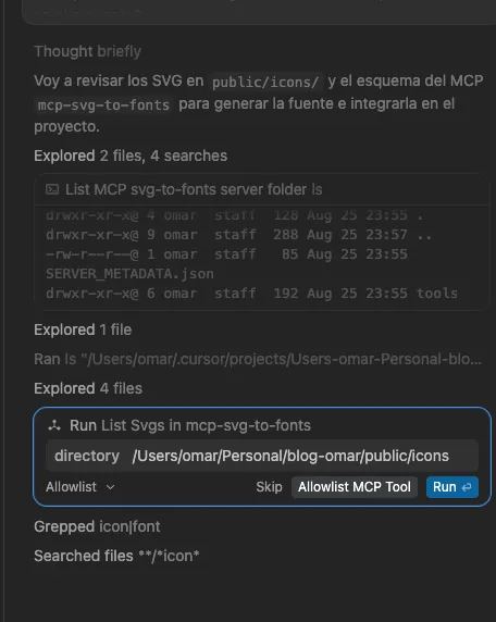 El agente ejecutando list-svgs sobre public/icons
