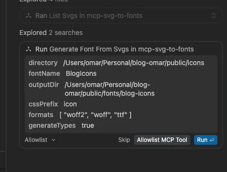 El agente ejecutando generate-font-from-svgs con fontName BlogIcons